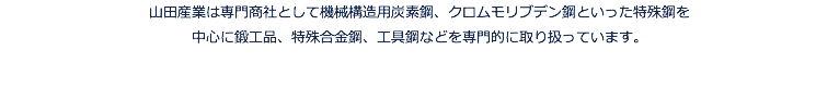 山田産業は専門商社として機械構造用炭素鋼、クロムモリブデン鋼といった特殊鋼を 中心に鍛工品、特殊合金鋼、工具鋼などを専門的に取り扱っています。